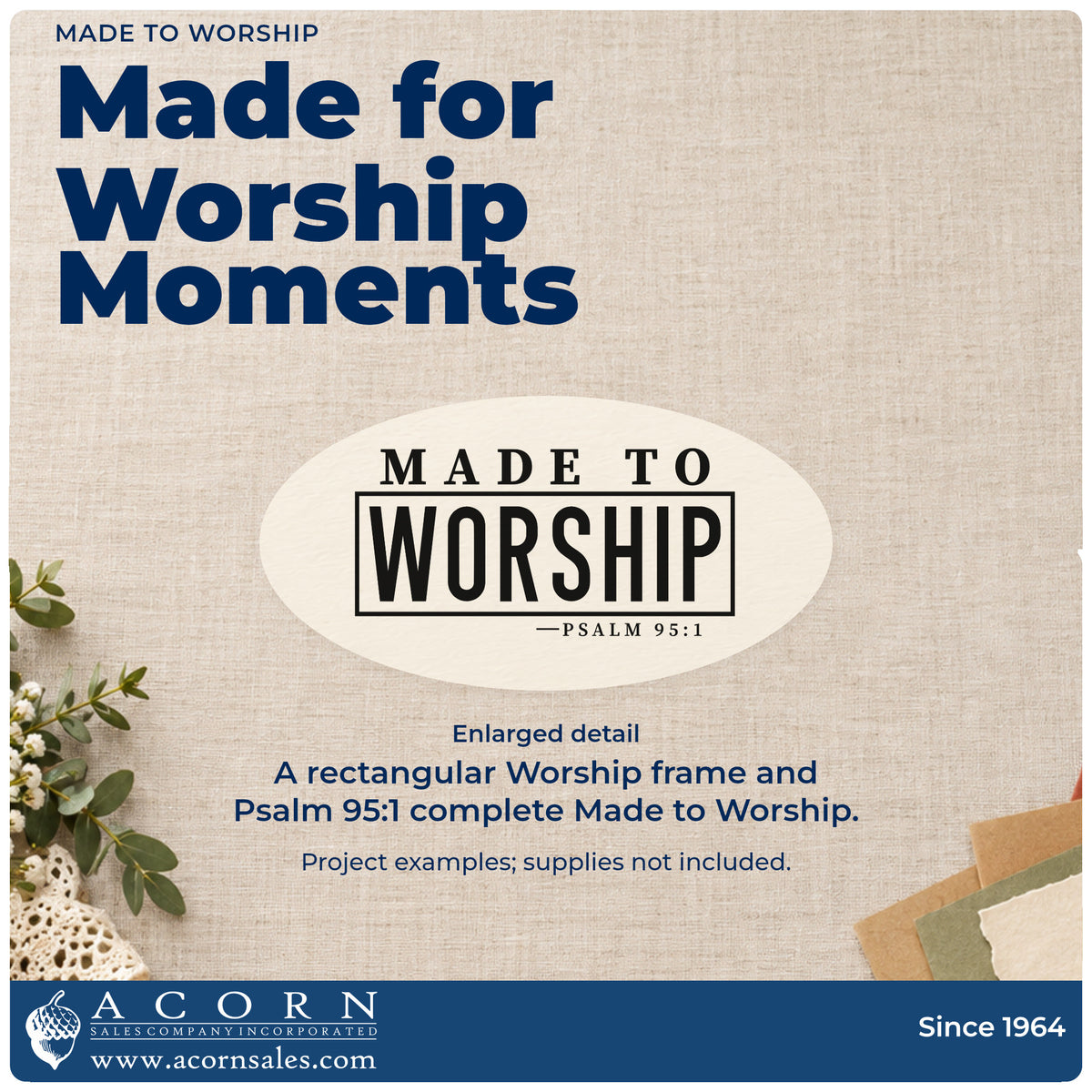 Enlarged detail of the Made To Worship Frame Accent Rubber Stamp – Wood Handle imprint. A rectangular outline emphasizes "Worship" beneath "Made to," with Psalm 95:1 below.