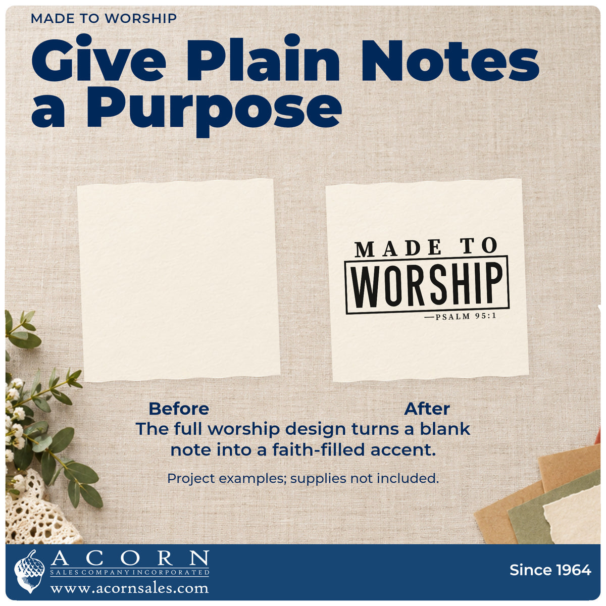 Before and after of a plain item finished with the Made To Worship Frame Accent Rubber Stamp – Wood Handle, a quick upgrade for canvas totes.