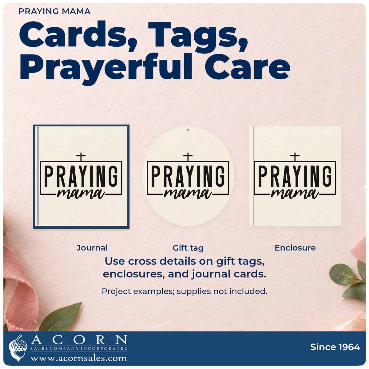 Three project examples made with the Praying Mama Premium Wooden Stamp - Vintage Pro, including scrapbook mom pages.