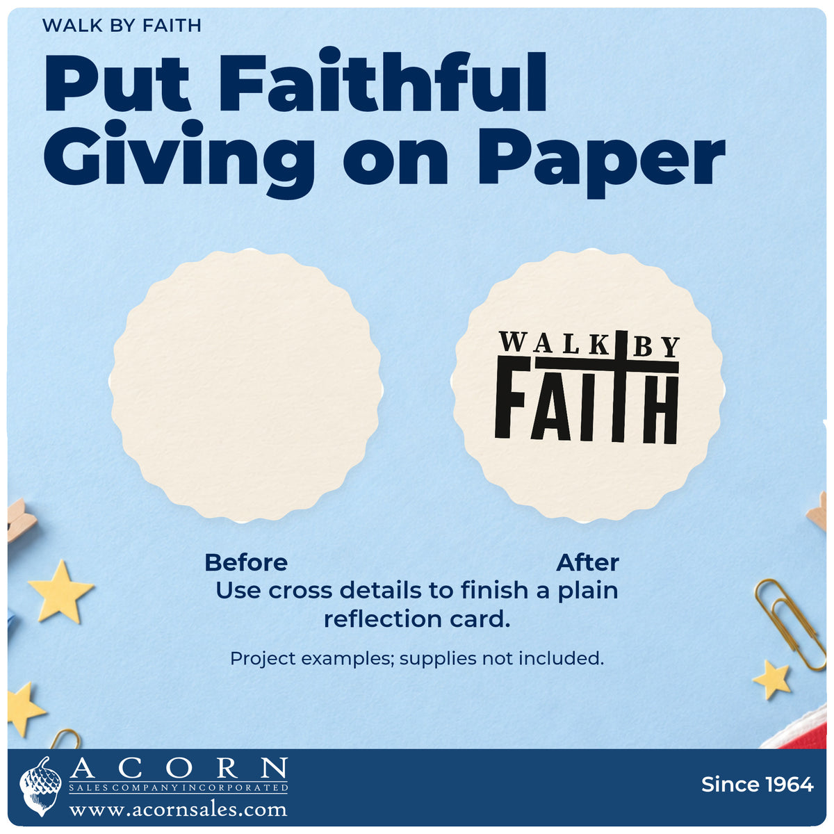 Before and after of a plain item finished with the Walk By Faith With Cross Hand Stamp – Duo, a quick upgrade for graduation cards.
