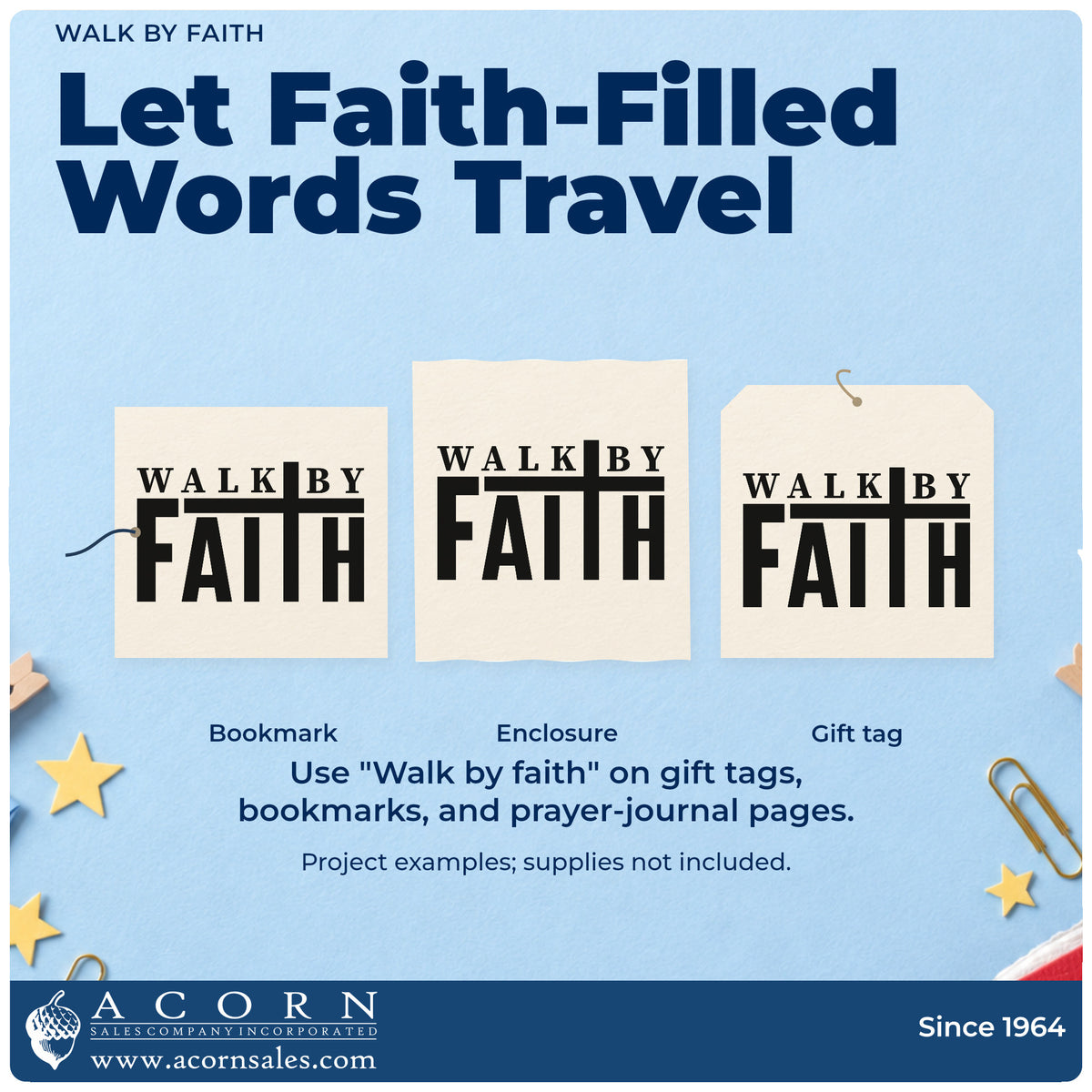 Three project examples made with the Walk By Faith With Cross Hand Stamp – Duo, including scrapbook journey pages.