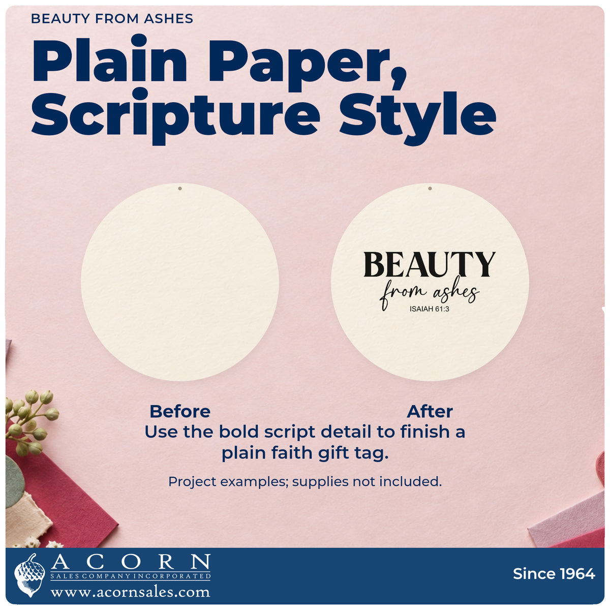 Before and after of a plain item finished with the Beauty From Ashes Script Lettering Pre-Inked Stamp – Slim, a quick upgrade for canvas totes.