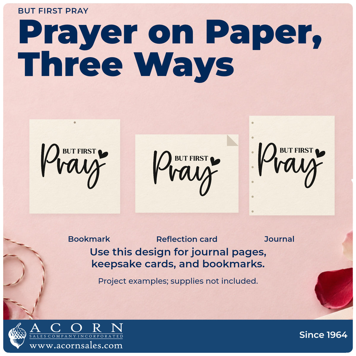 Three project examples made with the But First Pray Wood Handle Stamp, including scrapbook morning pages.