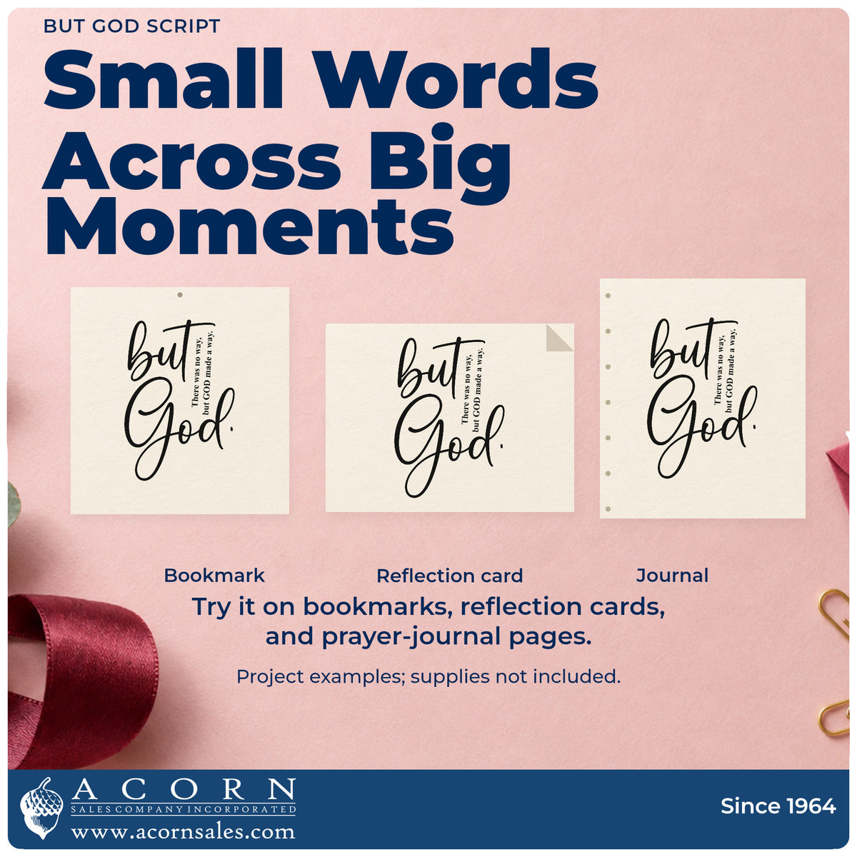 Three project examples made with the But God Script Lettering Stamp – Slim Pre-Inked, including scrapbook journey pages.