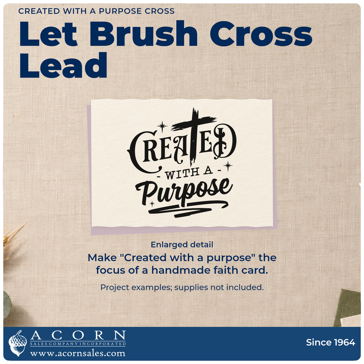 Enlarged detail of the Duo Hand Created With A Purpose Rubber Stamp imprint. A brushstroke cross and sparkles accent decorative "Created with a purpose" lettering.