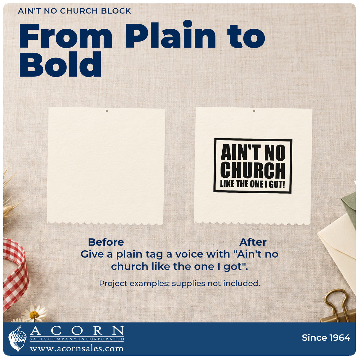Before and after of a plain item finished with the Slim Pre-Inked Ain't No Church Like The One I Got Stamp, a quick upgrade for homecoming programs.