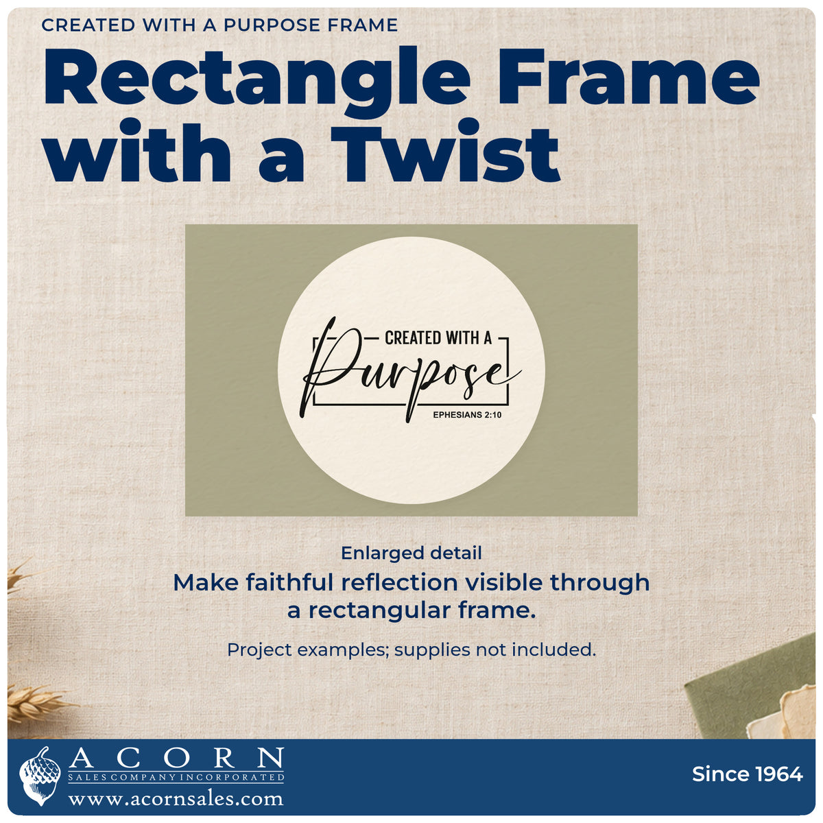 Enlarged detail of the Created With A Purpose Framed Lettering Pre-Inked Stamp – Slim imprint. A partial rectangular frame encloses "Created with a purpose," with Ephesians 2:10 underneath.