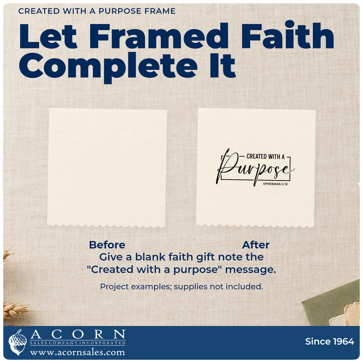 Before and after of a plain item finished with the Created With A Purpose Framed Lettering Pre-Inked Stamp – Slim, a quick upgrade for canvas totes.
