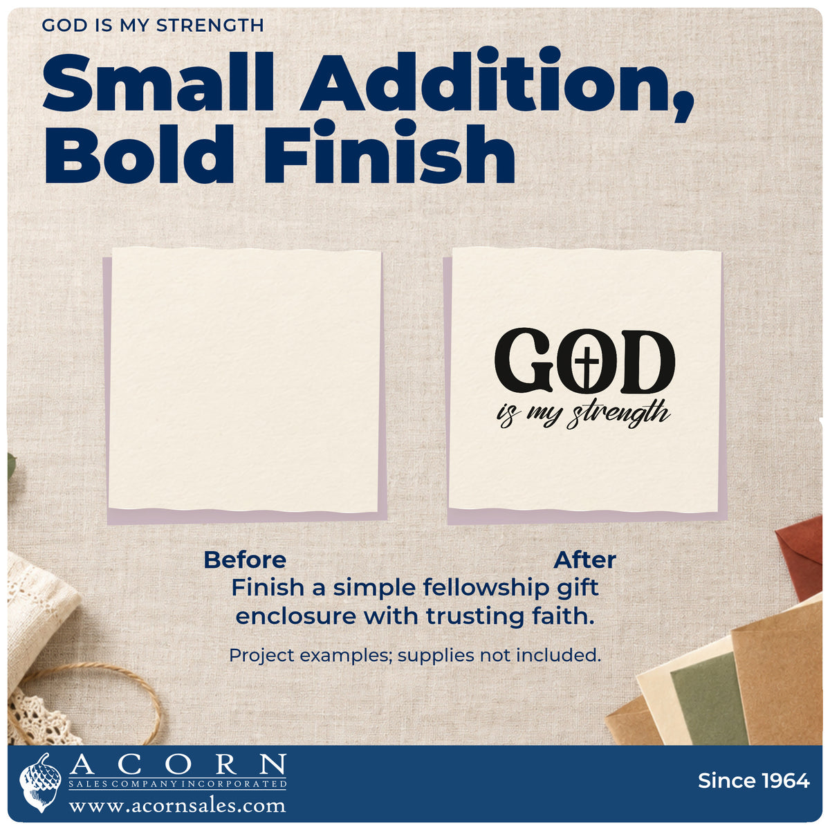 Before and after of a plain item finished with the God Is My Strength With Cross Rubber Stamp – Wood Handle, a quick upgrade for caregiver thank-yous.