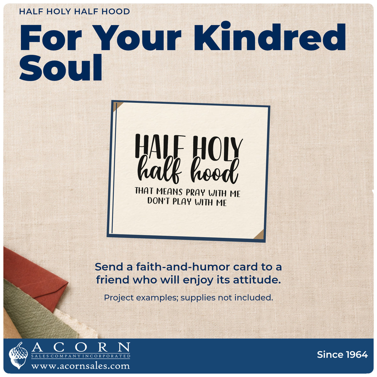 A finished handmade project stamped with the Half Holy Half Hood Self-Inking Craft Stamp, ideal for canvas totes.