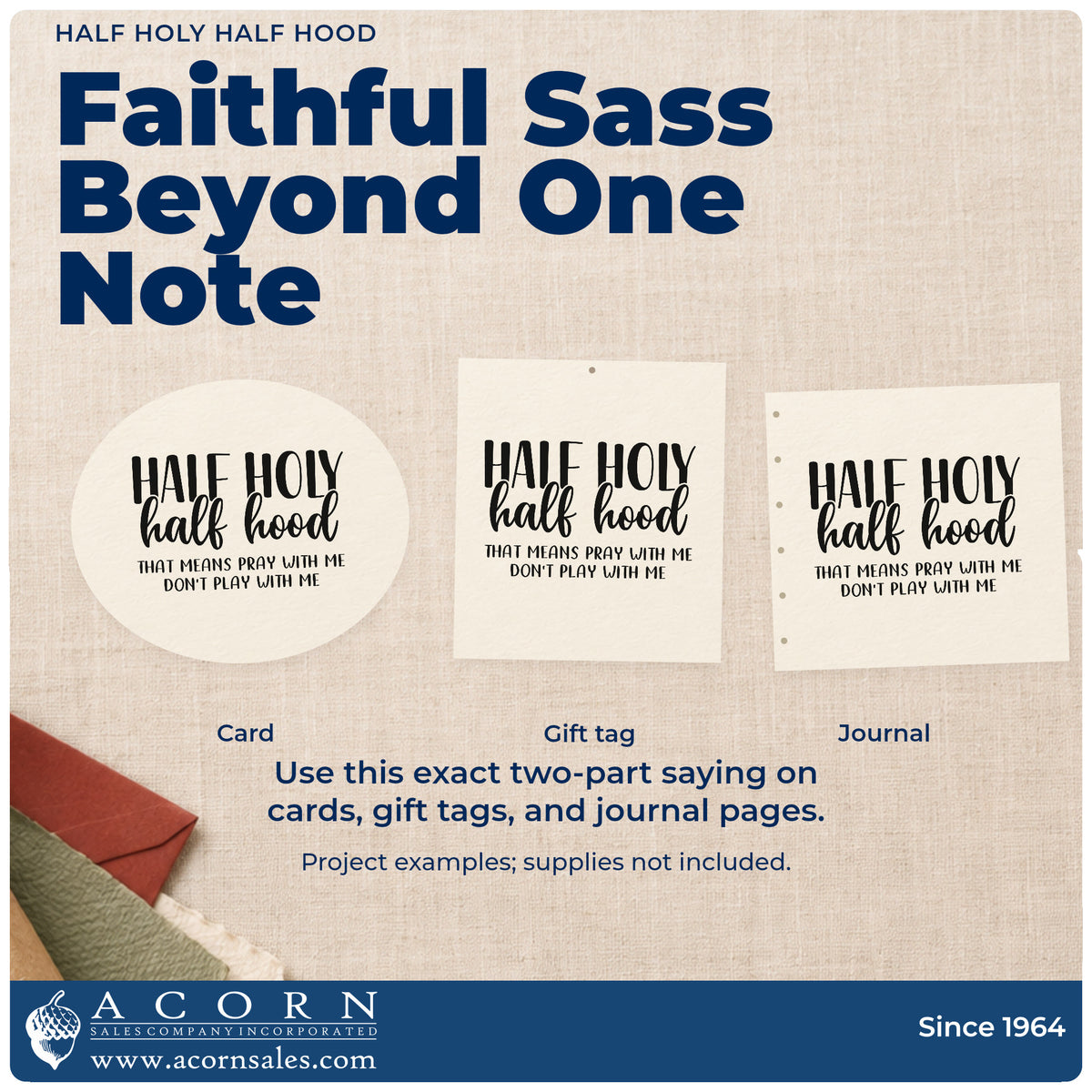 Three project examples made with the Half Holy Half Hood Self-Inking Craft Stamp, including friend scrapbook pages.