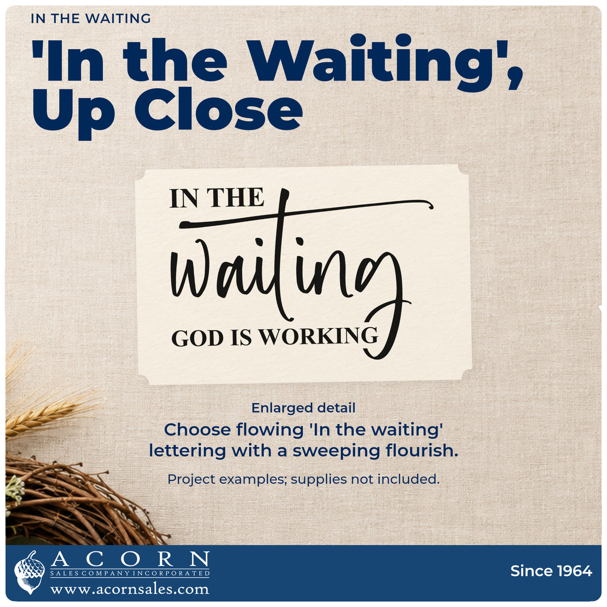In The Waiting God Is Working Flourished Lettering Stamp – Self-Inking design shown close up for craft and DIY project inspiration.