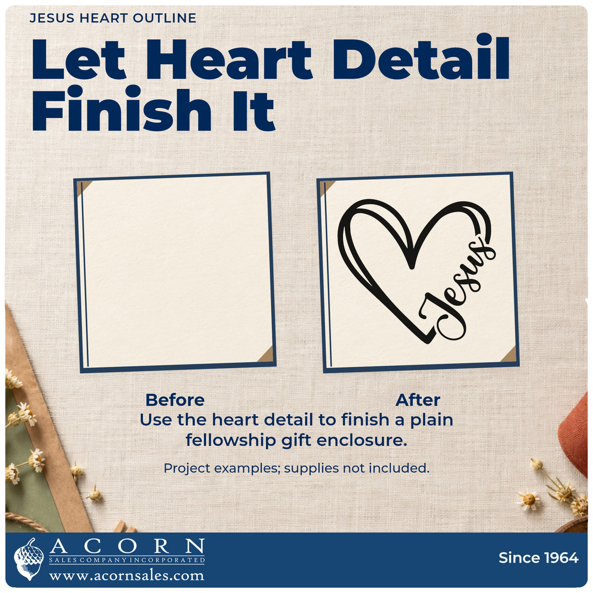 Before and after of a plain item finished with the Jesus Heart Line Art Stamp – Self-Inking, a quick upgrade for nursing home cards.