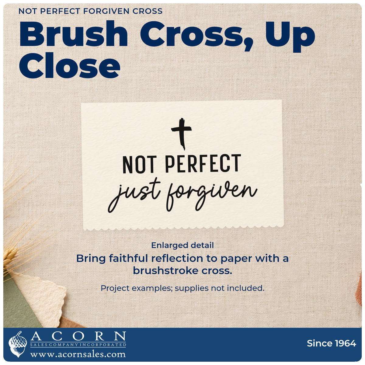 Enlarged detail of the Not Perfect Just Forgiven Cross Script Lettering Wood-Mounted Rubber Stamp imprint. A small brushstroke cross tops "Not perfect" and "Just forgiven" script.