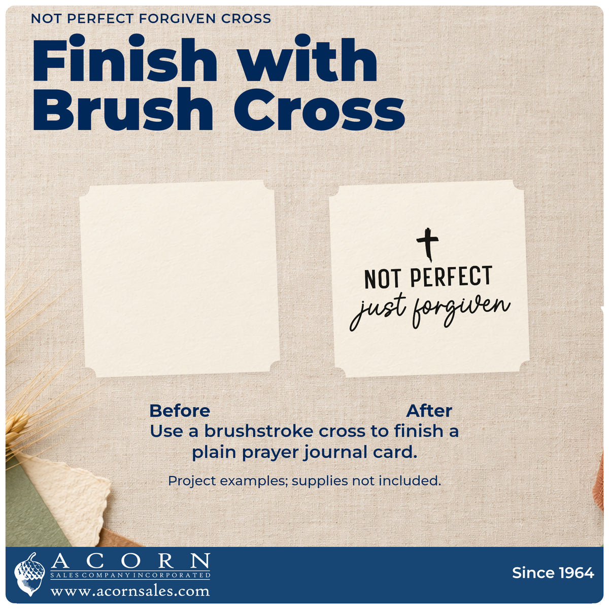 Before and after of a plain item finished with the Not Perfect Just Forgiven Cross Script Lettering PSI Pre-Inked Stamp, a quick upgrade for journal cover stamping.