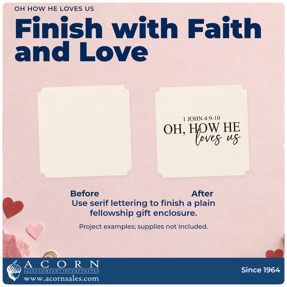 Before and after of a plain item finished with the Oh, How He Loves Us Serif Lettering Stamp – Self-Inking, a quick upgrade for valentine cards.