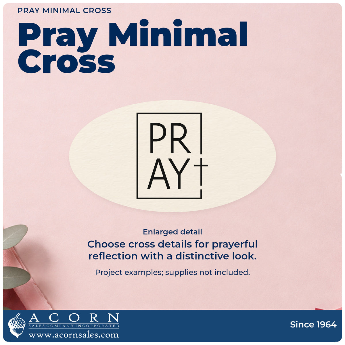 Enlarged detail of the PSI Pre-Inked Pray Minimal Cross Frame Accent Stamp imprint. The letters of "Pray" are stacked in a tall rectangular outline with a cross at the right.