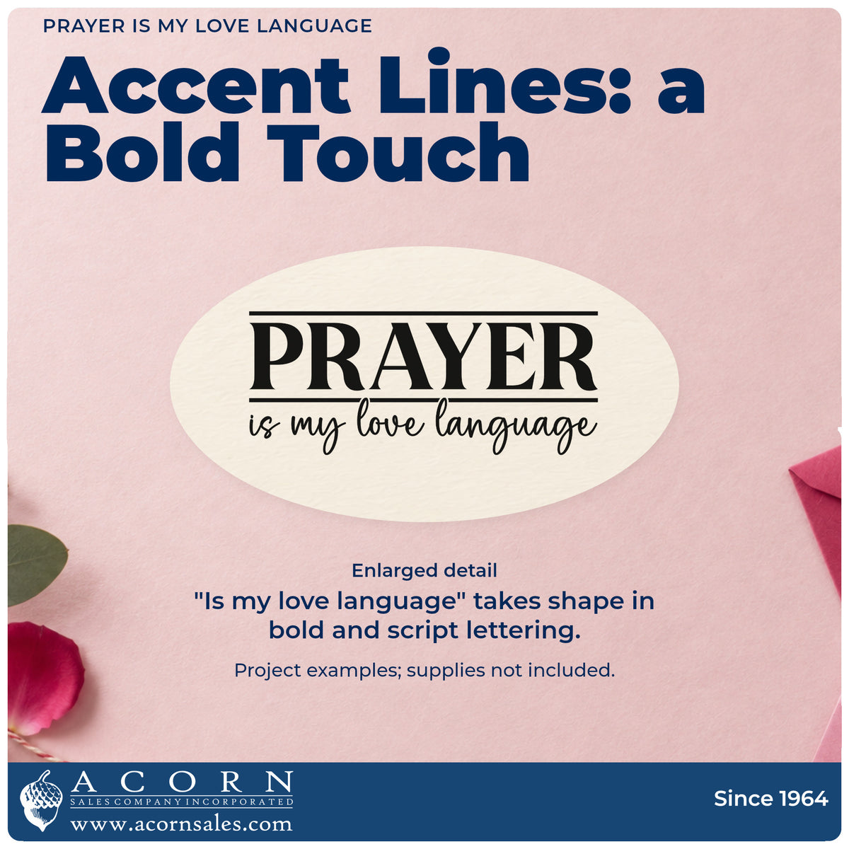 Enlarged detail of the Prayer Is My Love Language Pre-Inked Stamp – PSI imprint. Horizontal rules frame bold "Prayer," with "Is my love language" in script below.