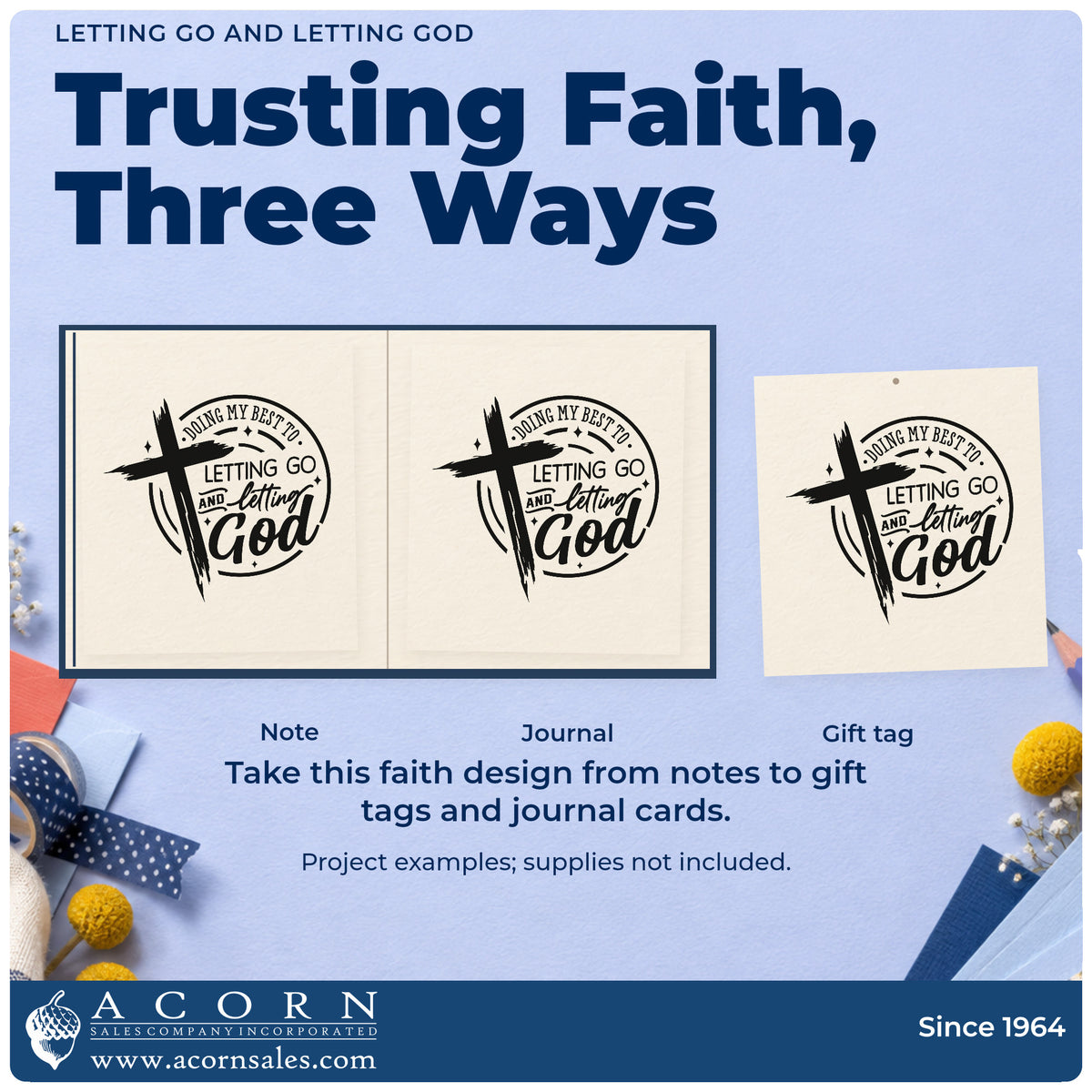 Three project examples made with the Doing My Best At Letting Go And Letting God Slim Pre-Inked Stamp, including letting go pages.