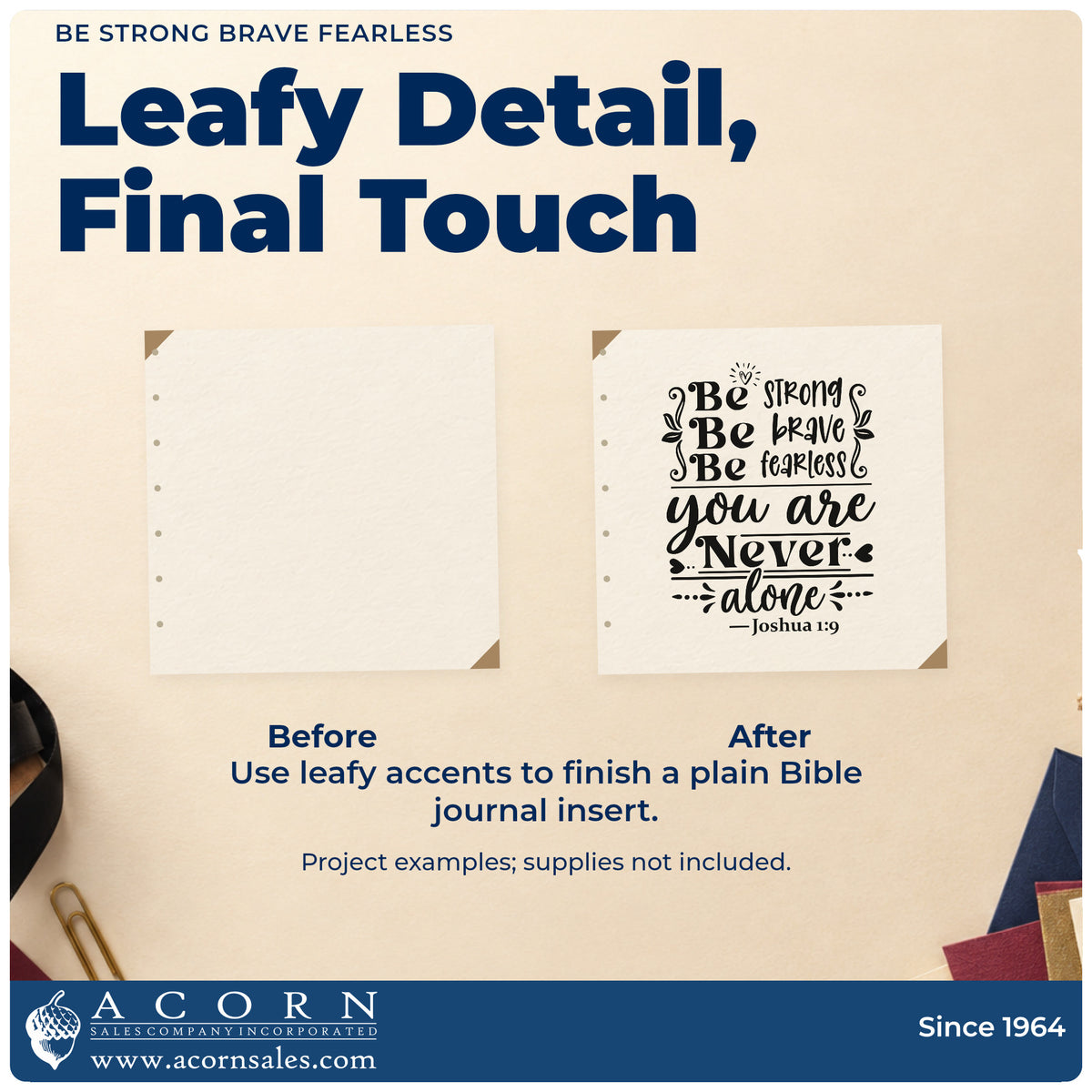 Before and after of a plain item finished with the Be Strong Brave Fearless Pre-Inked Stamp – Slim, a quick upgrade for surgery care kits.
