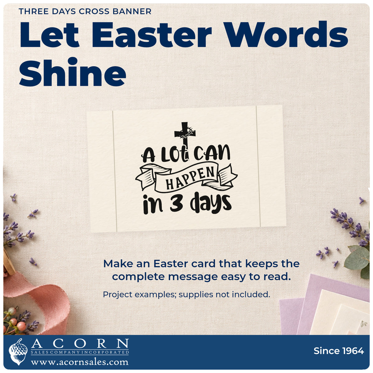 A finished handmade project stamped with the Slim Pre-Inked Three Days Cross Banner Stamp, ideal for holy week programs.