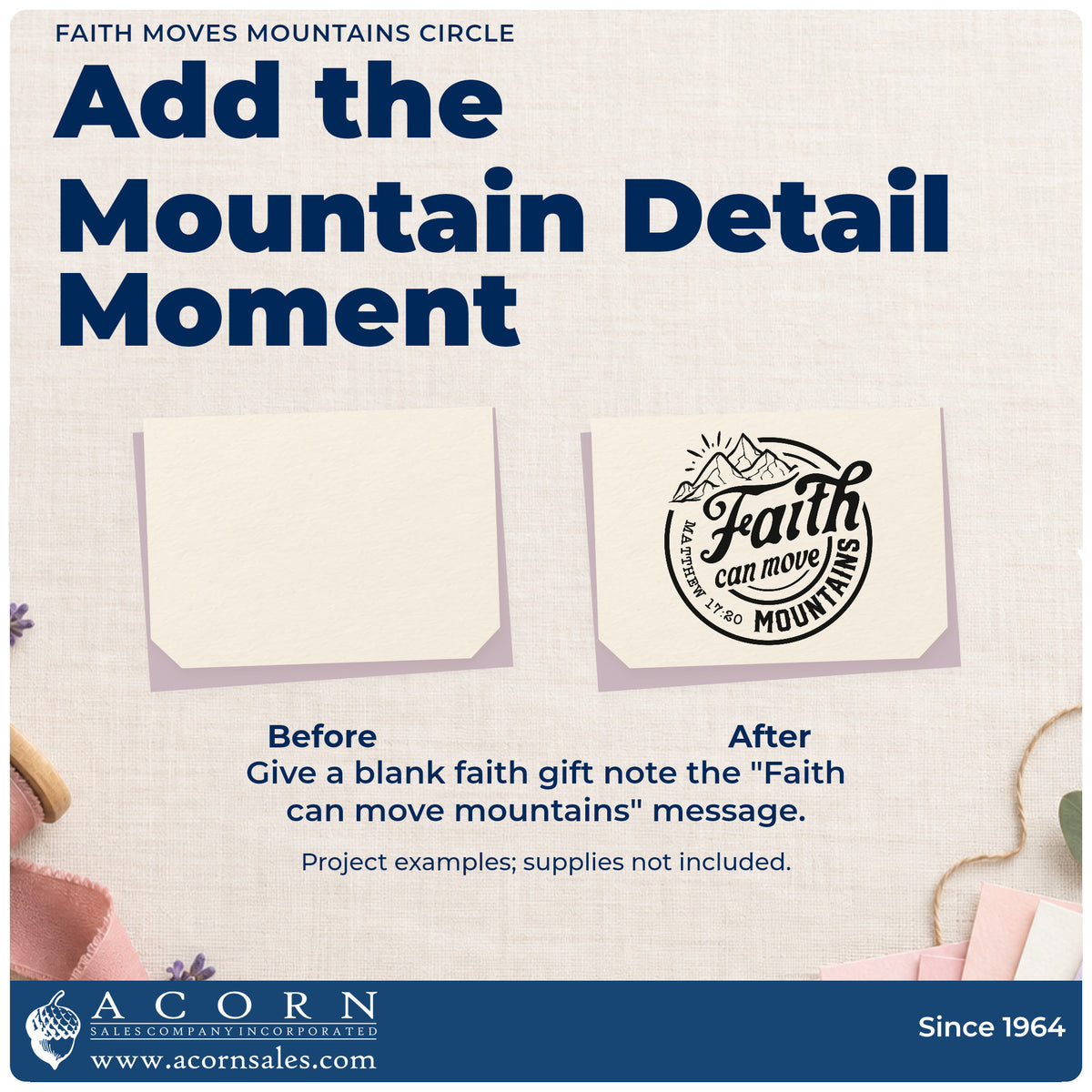 Faith Moves Mountains Circle Stamp – Wood Handle adding the finishing touch to handmade gifts and packaging.
