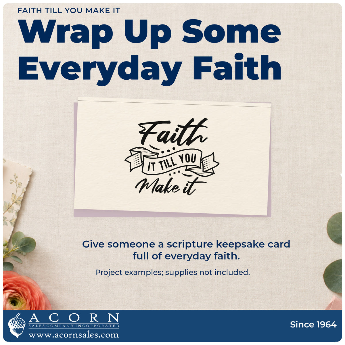 A finished handmade project stamped with the Faith It Till You Make It Ribbon Wood Handle Stamp, ideal for new job gifts.