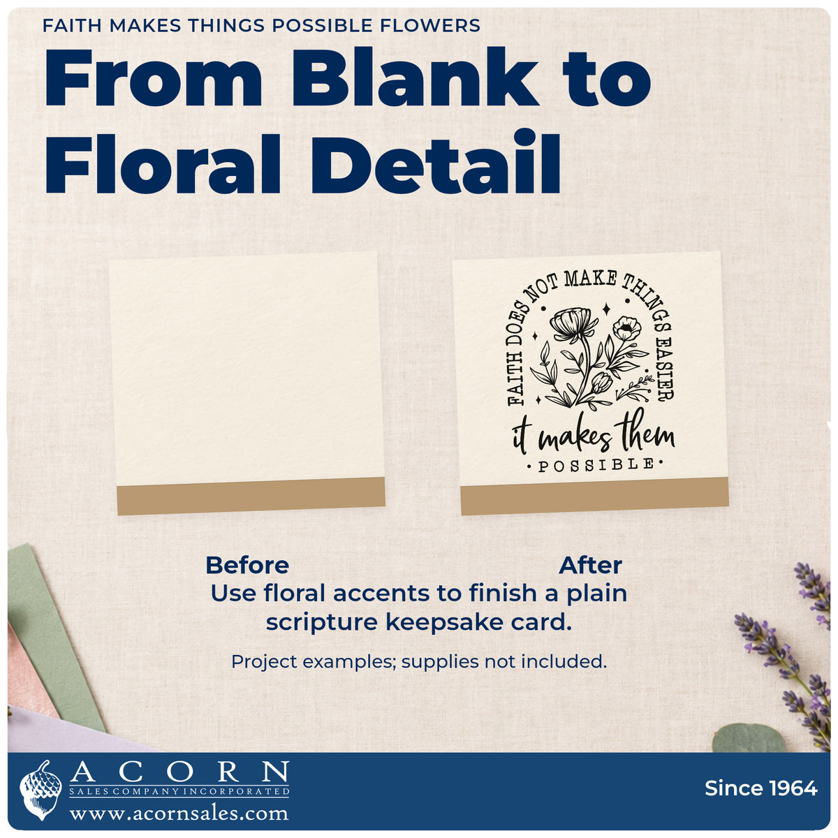 Before and after of a plain item finished with the Faith Makes Things Possible With Wildflowers Stamp – Self-Inking, a quick upgrade for garden seed favors.