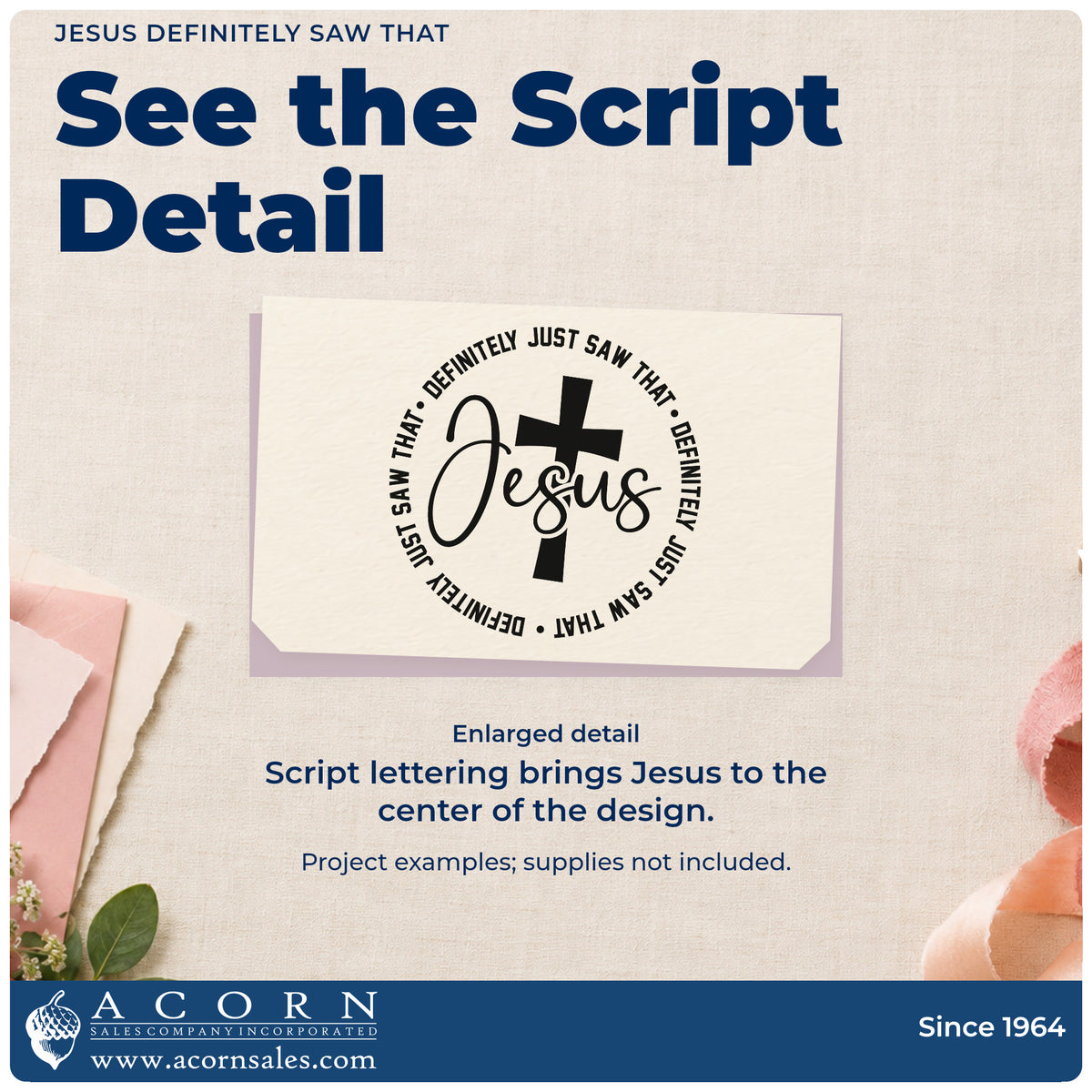 Enlarged detail of the Jesus Definitely Saw That With Cross Hand Stamp – Duo imprint. A cross and large "Jesus" script sit inside a repeating circular "Definitely just saw that" border.