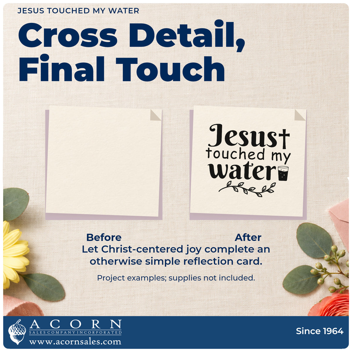 Before and after of a plain item finished with the Jesus Touched My Water With Cross Rubber Stamp – Duo Hand, a quick upgrade for book club invites.