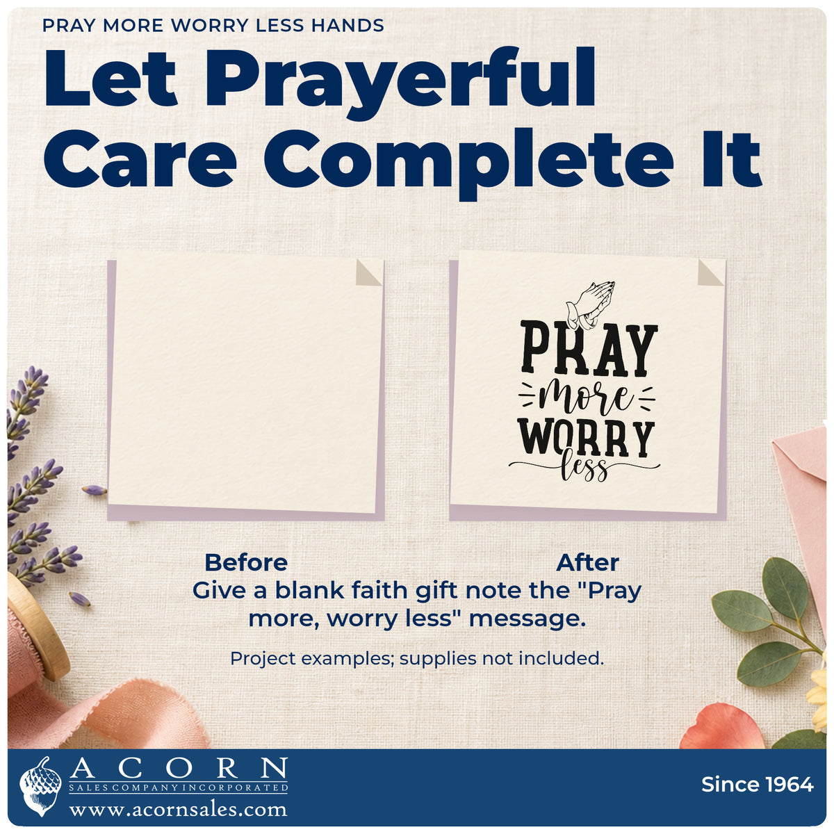 Before and after of a plain item finished with the Duo Hand Pray More Worry Less Hands Rubber Stamp, a quick upgrade for nurse station notes.