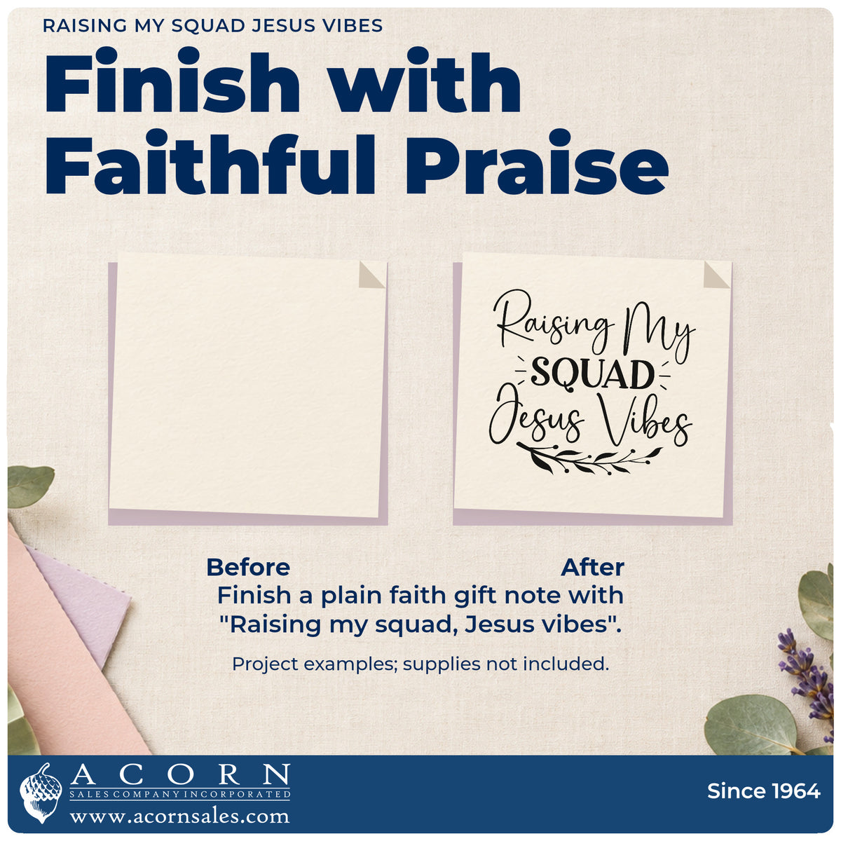 Before and after of a plain item finished with the Raising My Squad Jesus Vibes Slim Pre-Inked Stamp, a quick upgrade for minivan visor cards.