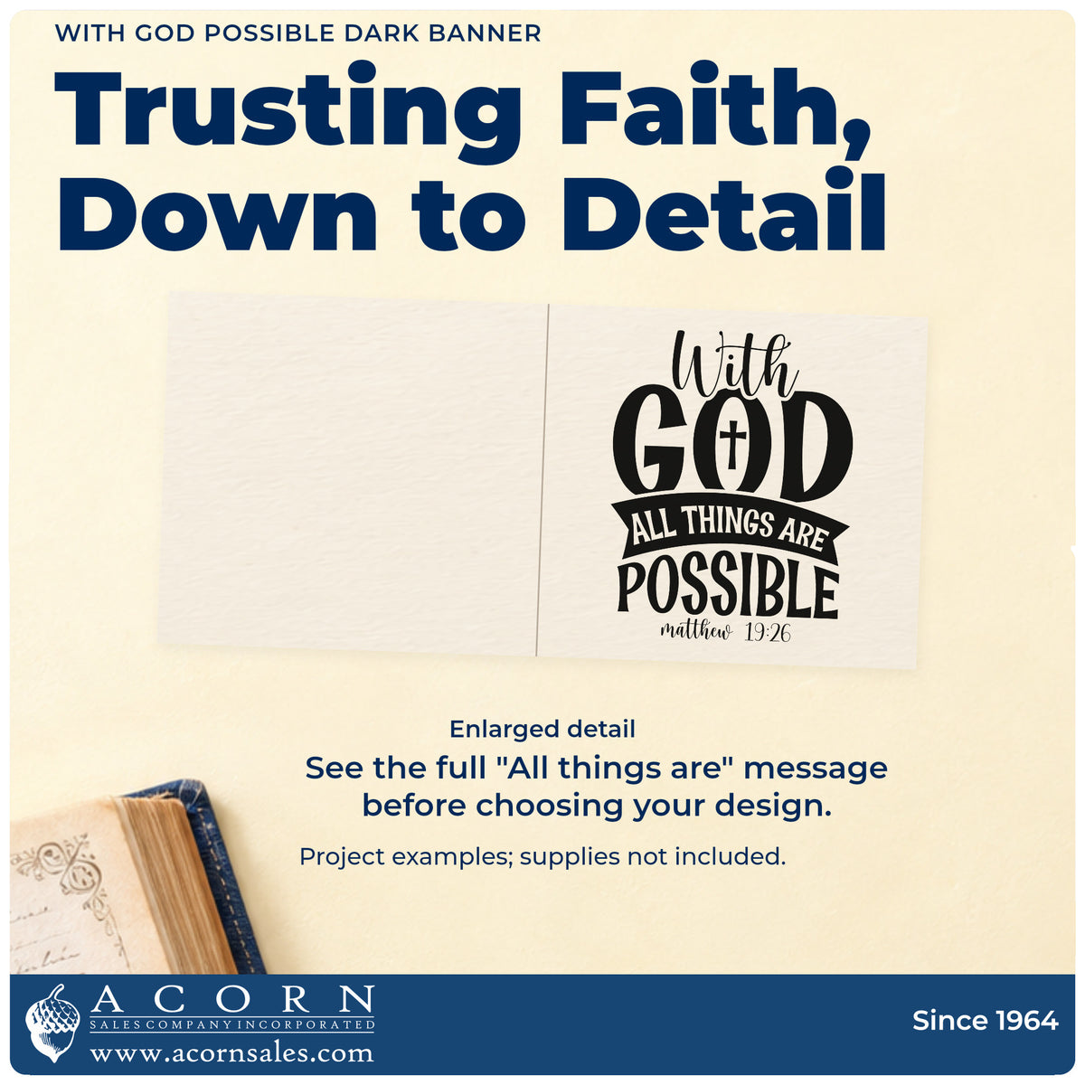 With God All Things Are Possible Solid Banner With Cross Rubber Stamp – Duo Hand design shown close up for craft and DIY project inspiration.