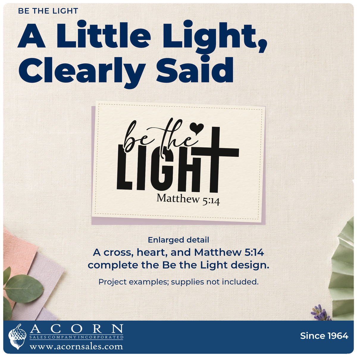 Enlarged detail of the Be The Light With Cross Pre-Inked Stamp – Slim imprint. Script "Be the" overlays bold "Light," with a large cross, heart, and Matthew 5:14.