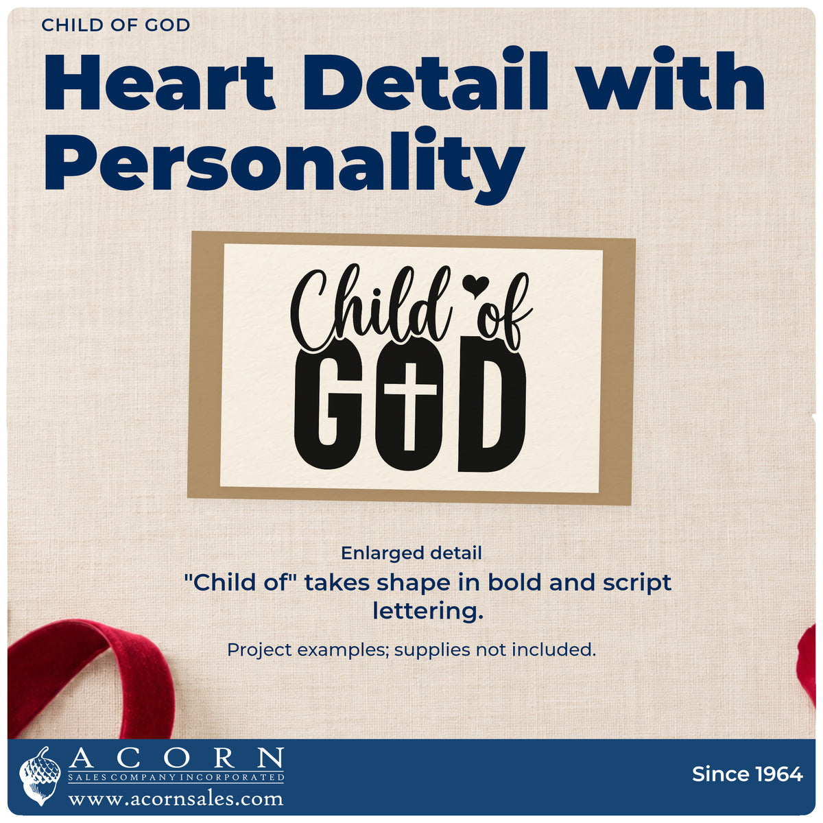 Enlarged detail of the Child Of God With Cross Pre-Inked Stamp – Slim imprint. Script "Child of" sits over bold "God," with a cross inside the O and a small heart.