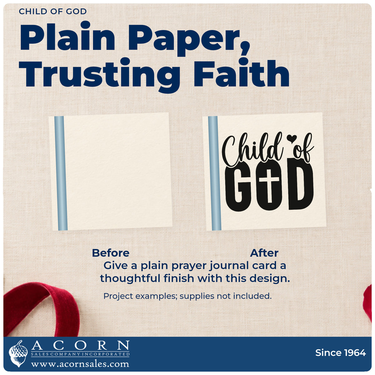 Before and after of a plain item finished with the PSI Pre-Inked Child Of God With Cross Stamp, a quick upgrade for newborn scrapbooks.
