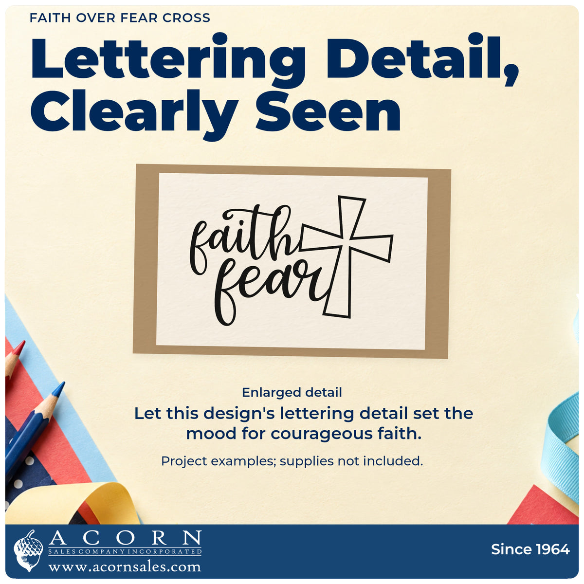 Enlarged detail of the Faith Over Fear Cross Outline Detail Stamp – Self-Inking imprint. Flowing "Faith" and "Fear" lettering sits beside a large outlined cross.