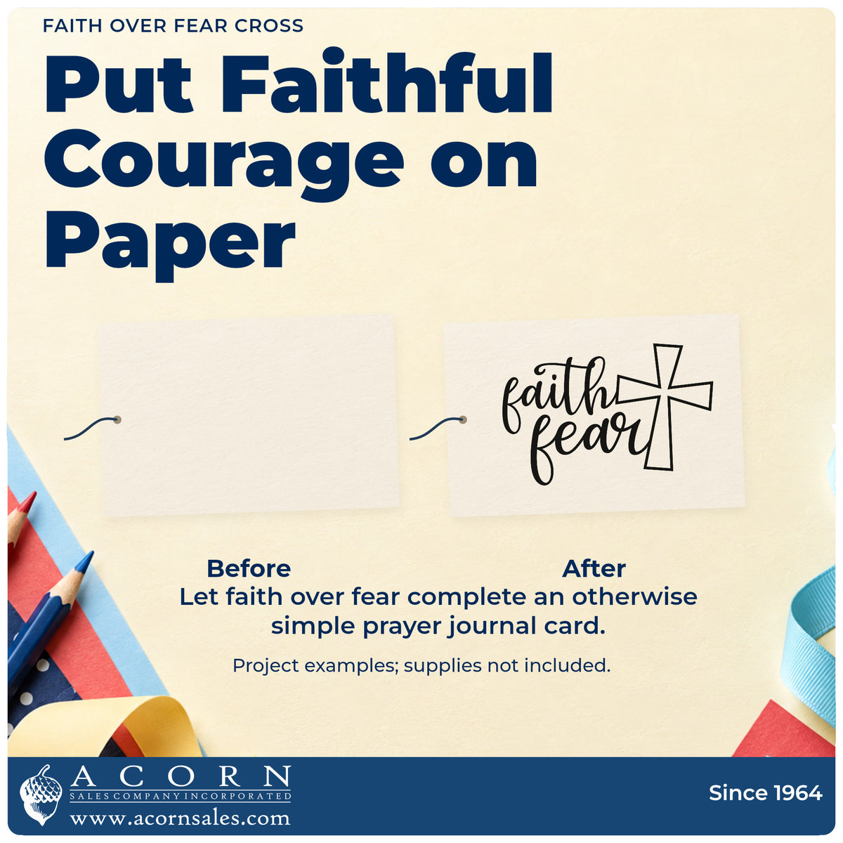 Before and after of a plain item finished with the Faith Over Fear Cross Outline Detail Stamp – Self-Inking, a quick upgrade for hallway wall art.