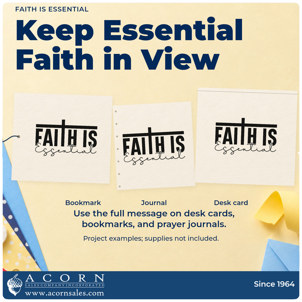 Three project examples made with the Essential Faith Crossbar Lettering Self-Inking Stamp, including milestone title blocks.