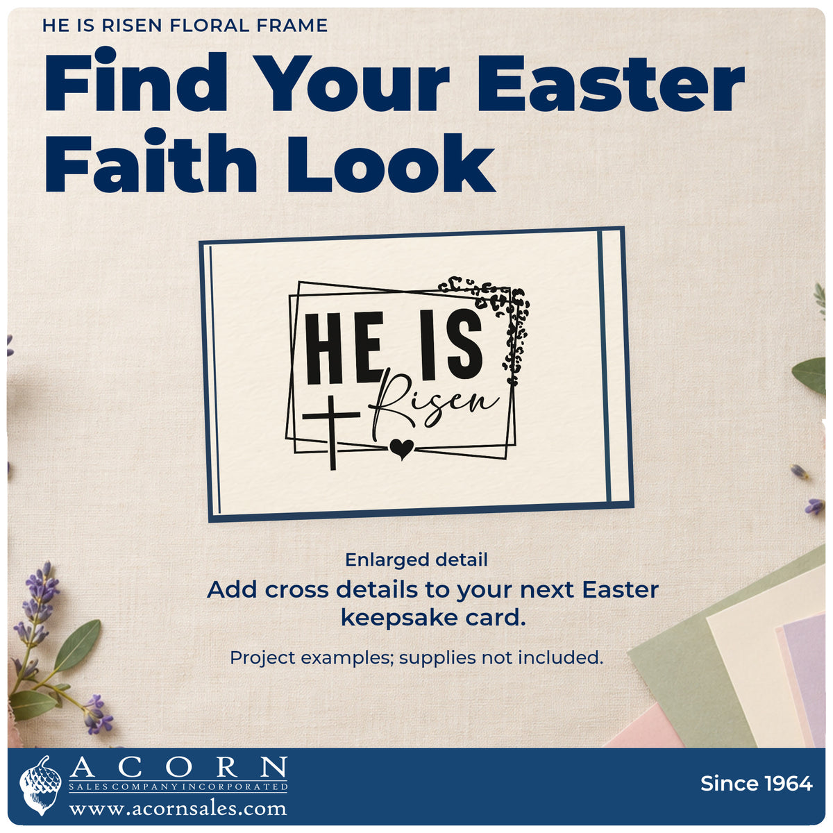 Enlarged detail of the He Is Risen Leafy Cross Frame Self-Inking Craft Stamp imprint. Overlapping rectangular outlines, a cross, leafy corner, and heart frame "He is risen."