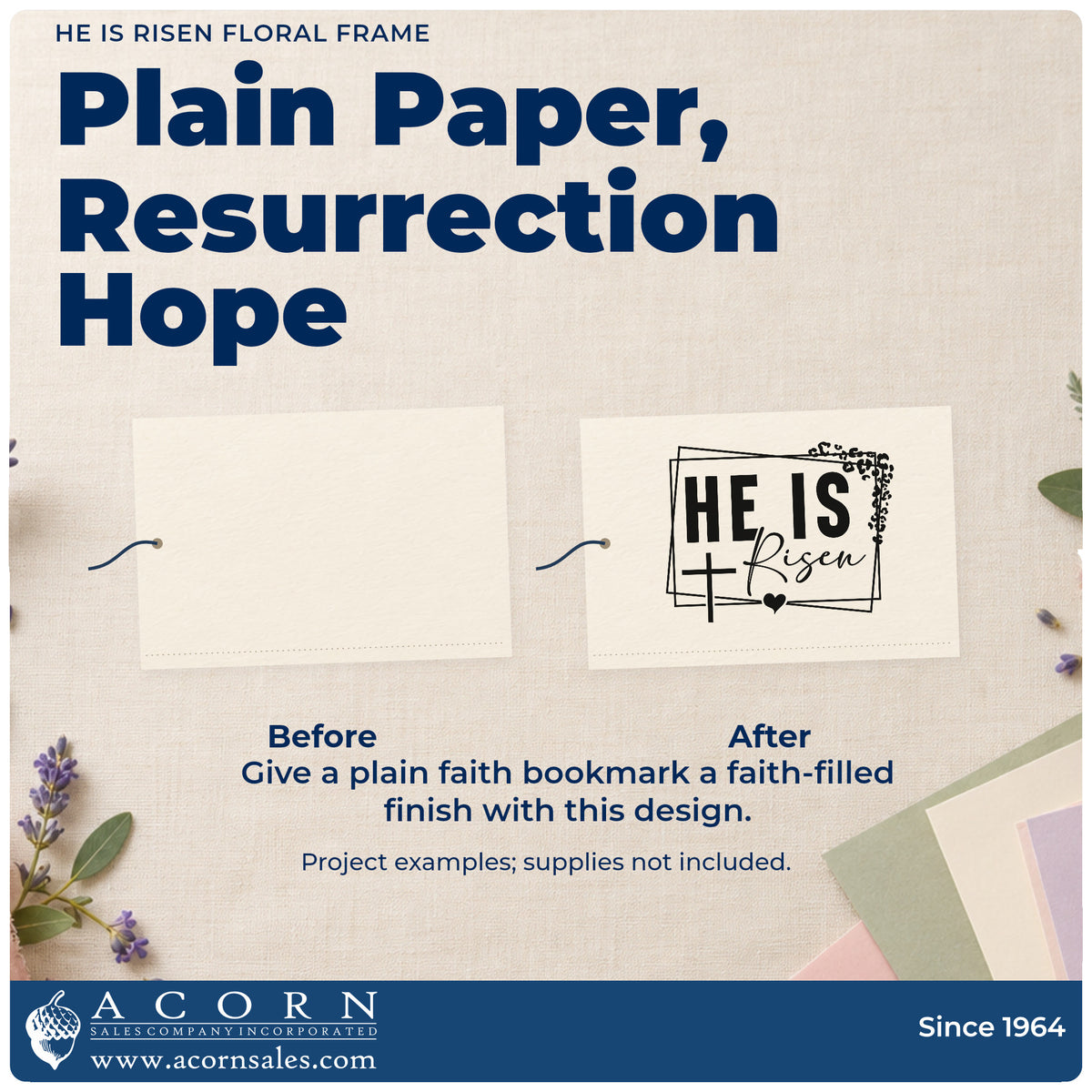 Before and after of a plain item finished with the He Is Risen Leafy Cross Frame Rubber Stamp – Duo Hand, a quick upgrade for spring totes.
