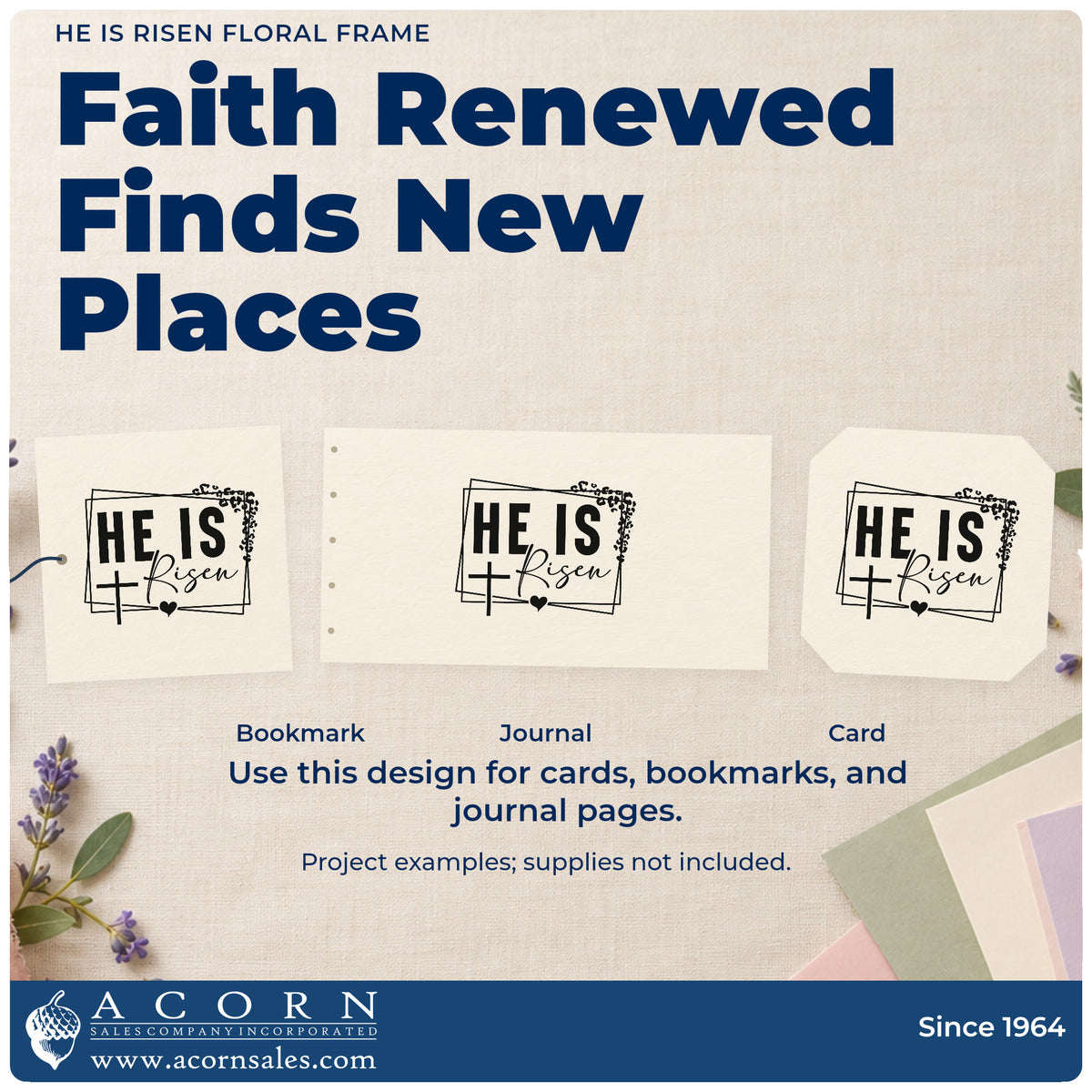 Three project examples made with the He Is Risen Leafy Cross Frame Rubber Stamp – Duo Hand, including square box labels.