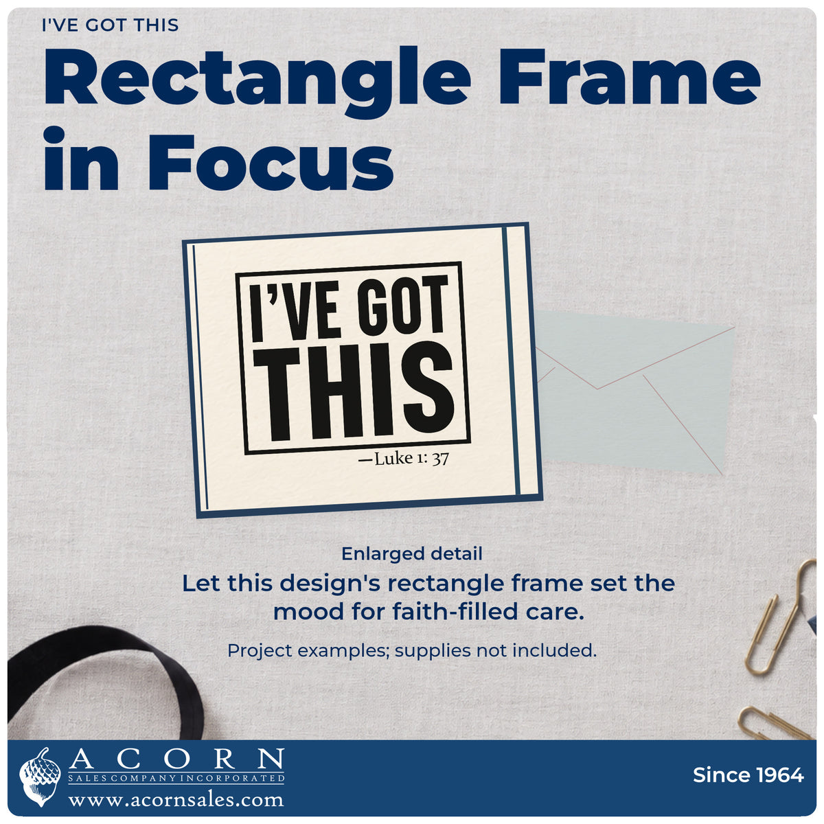 Enlarged detail of the I've Got This Frame Accent Pre-Inked Stamp – Slim imprint. A rectangular outline encloses bold "I've got this" lettering above Luke 1:37.