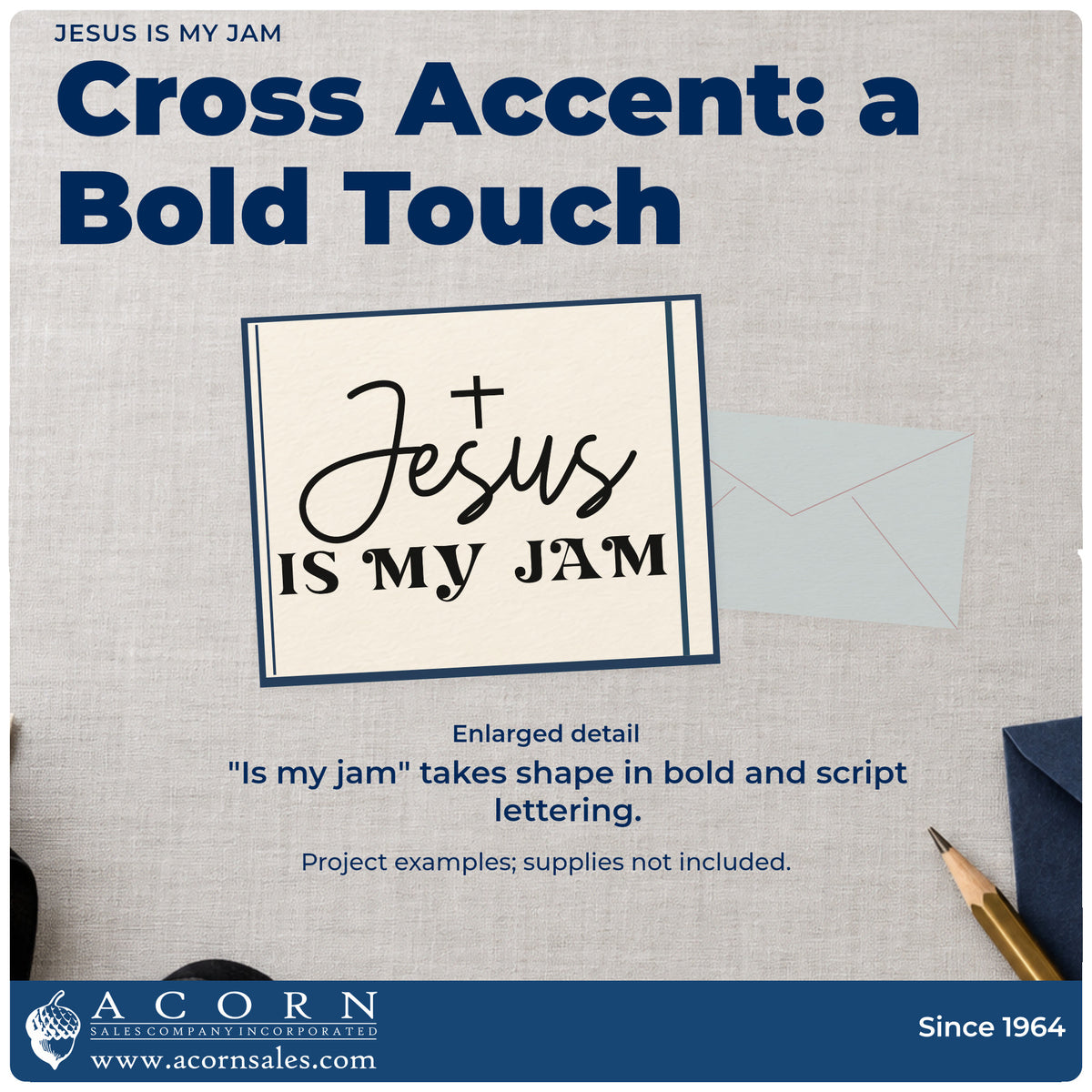Enlarged detail of the Jesus Is My Jam Compact Pre-Inked Stamp – Slim imprint. A small cross tops "Jesus" script and bold "Is my jam" lettering.