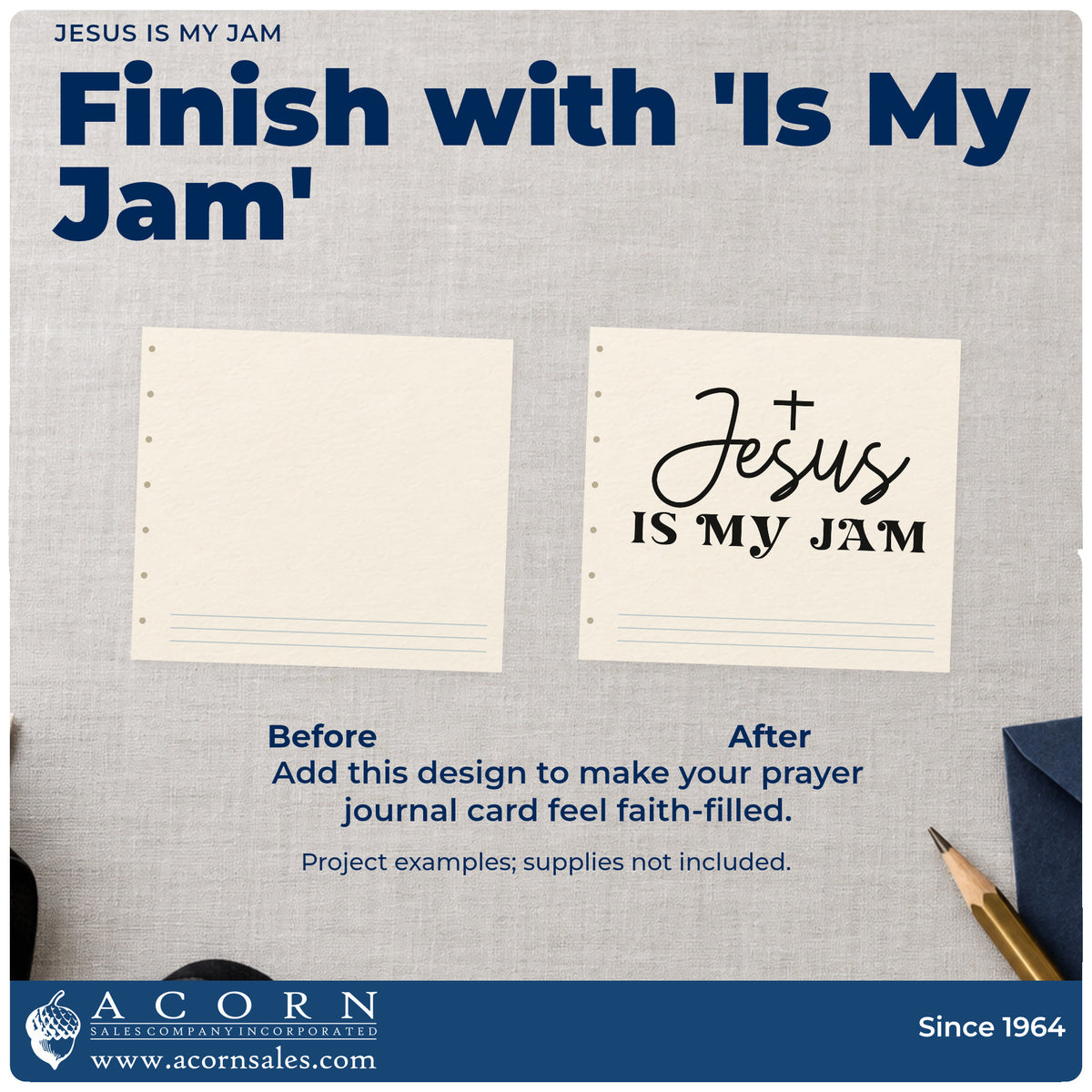 Before and after of a plain item finished with the Jesus Is My Jam Self-Inking Stamp, a quick upgrade for farmers market labels.