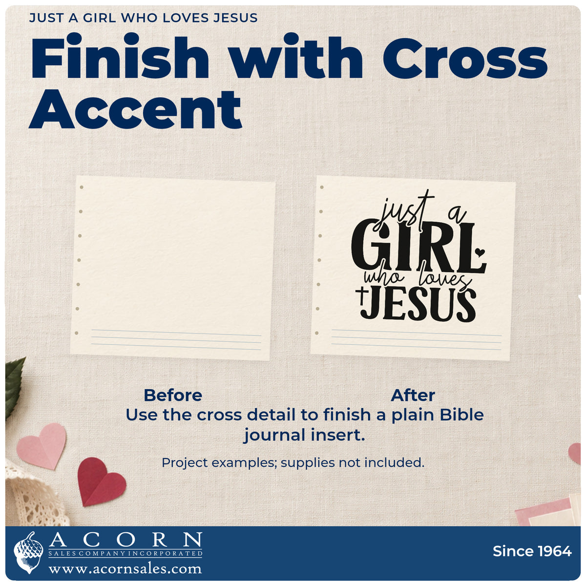 Before and after of a plain item finished with the Just A Girl Who Loves Jesus Rubber Stamp – Duo Hand, a quick upgrade for journal cover stamping.