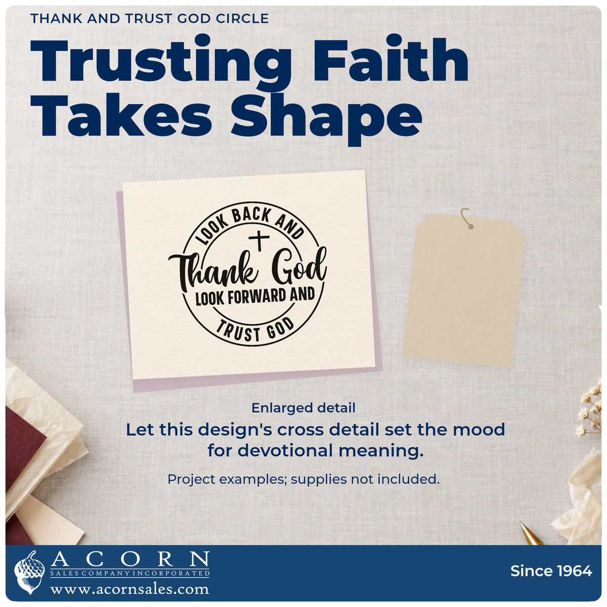 Thank And Trust God Circle Rubber Stamp – Wood Handle design shown close up for craft and DIY project inspiration.