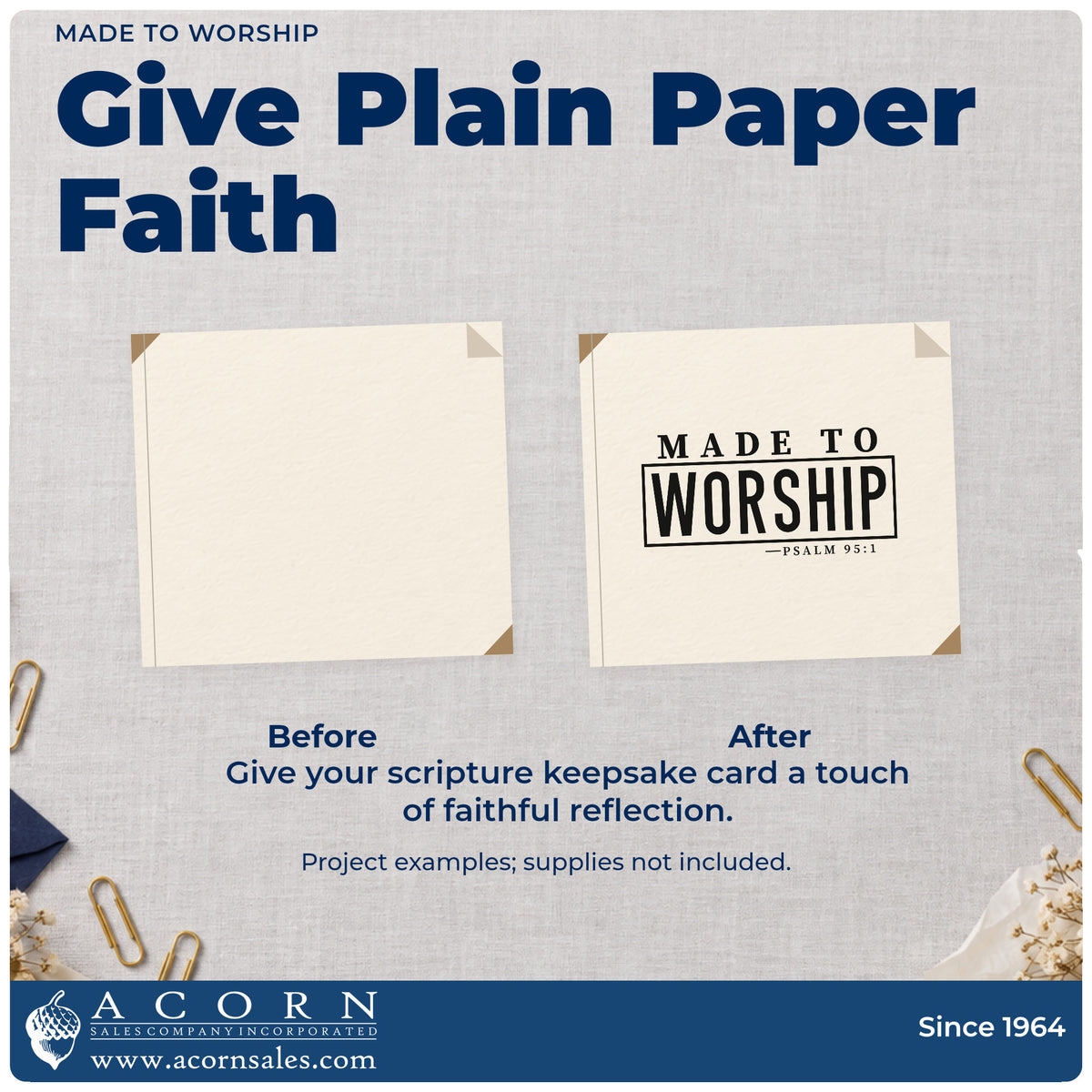 Before and after of a plain item finished with the Made To Worship Pre-Inked Stamp – PSI, a quick upgrade for music stand cards.