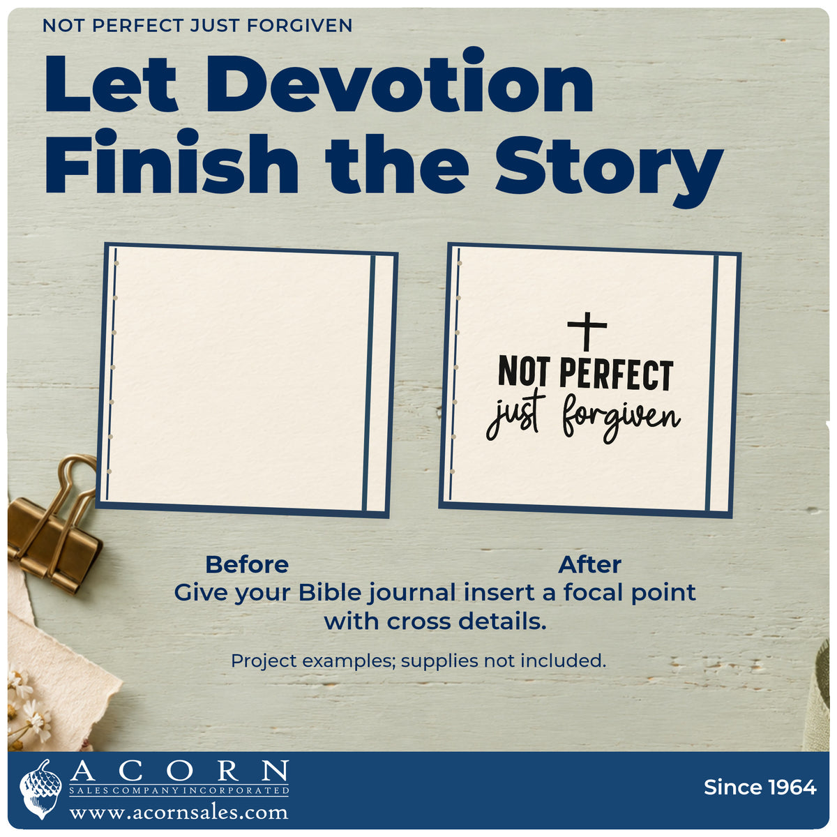 Before and after of a plain item finished with the Not Perfect, Just Forgiven With Cross PSI Pre-Inked Stamp, a quick upgrade for recovery group gifts.