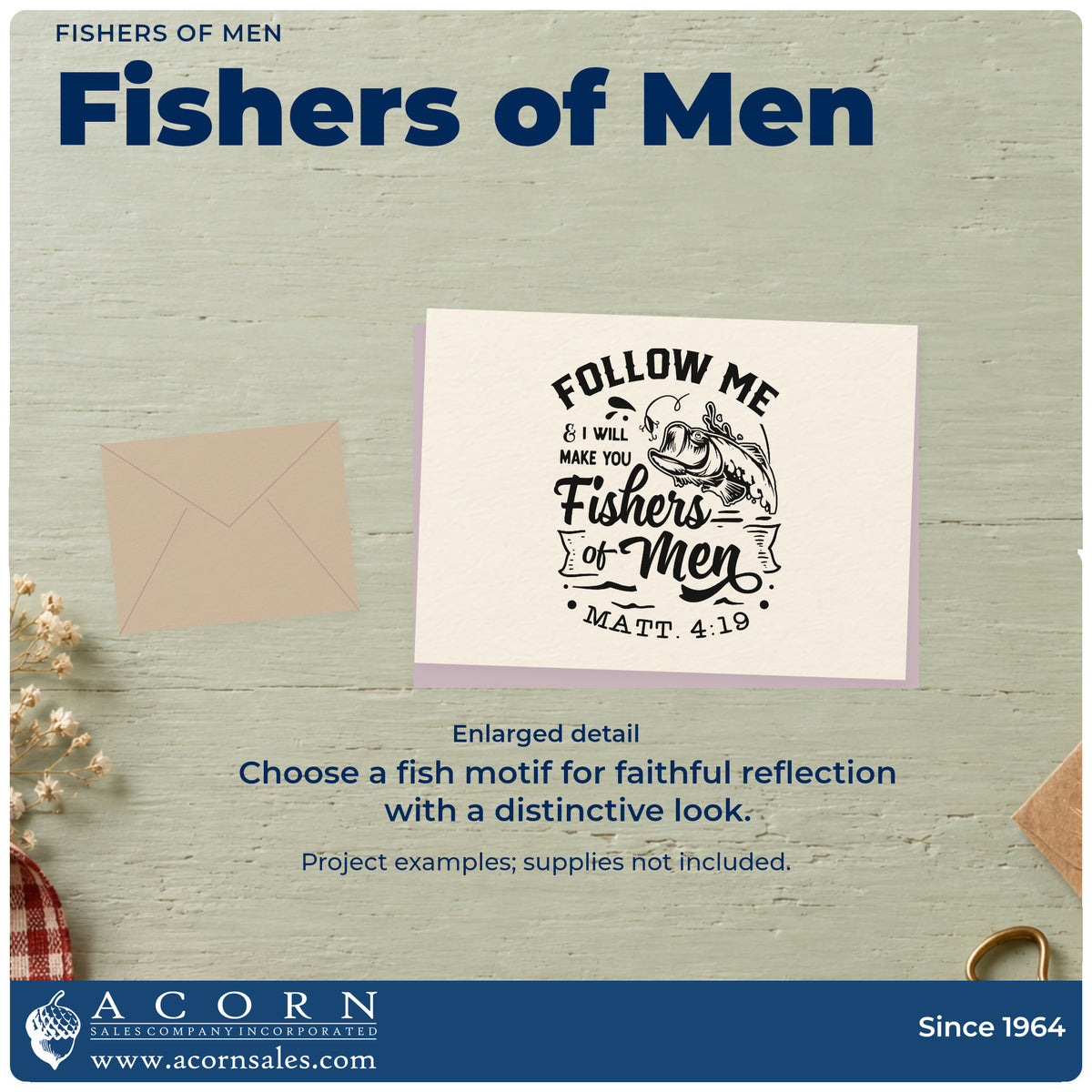 Enlarged detail of the Follow Me & I Will Make You Fishers Of Men Leaping Fish Slim Pre-Inked Stamp imprint. A fish leaping toward a hook accompanies "Follow me & I will make you fishers of men," with Matthew 4:19.